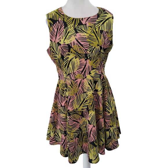 Bar III Size L Sleeveless Tropical Palm Leaf Print Fit & Flare Dress Tropical - Picture 1 of 8